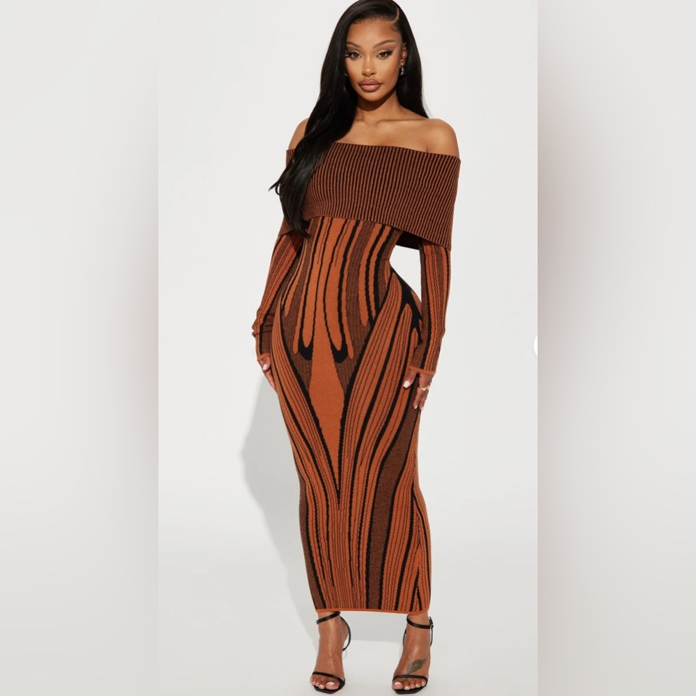 Fashion Nova Brown and Black Off-Shoulder Dress